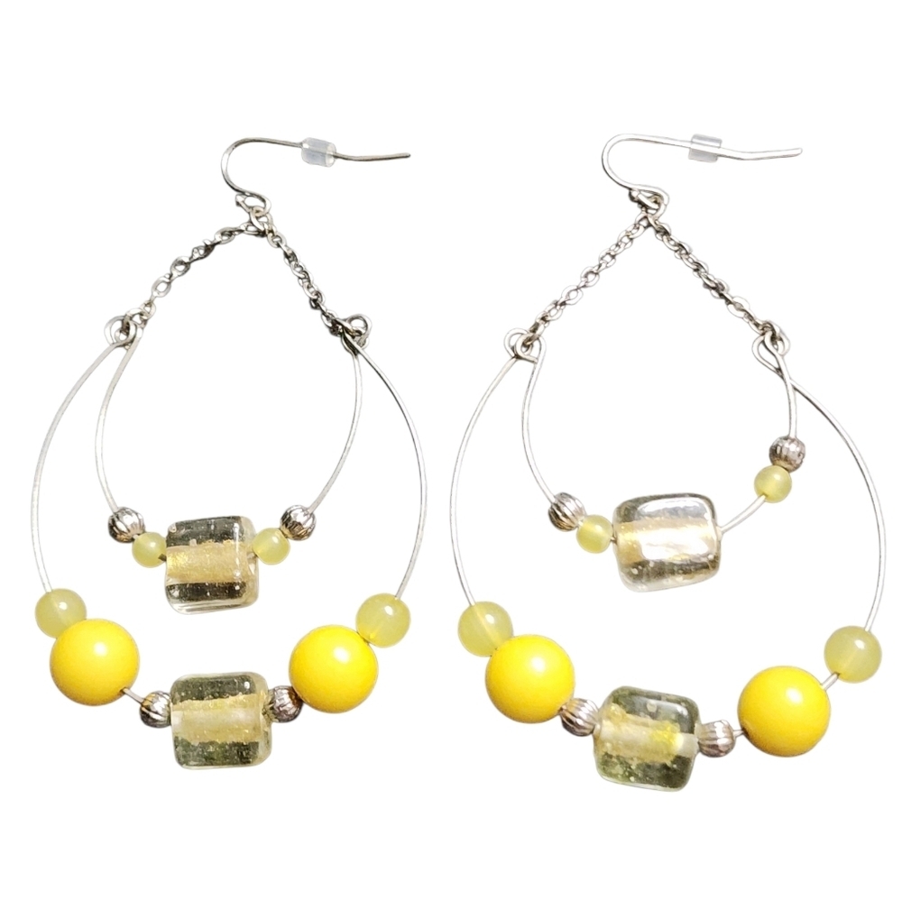 Silvertone Yellow Beaded Hoop Earrings